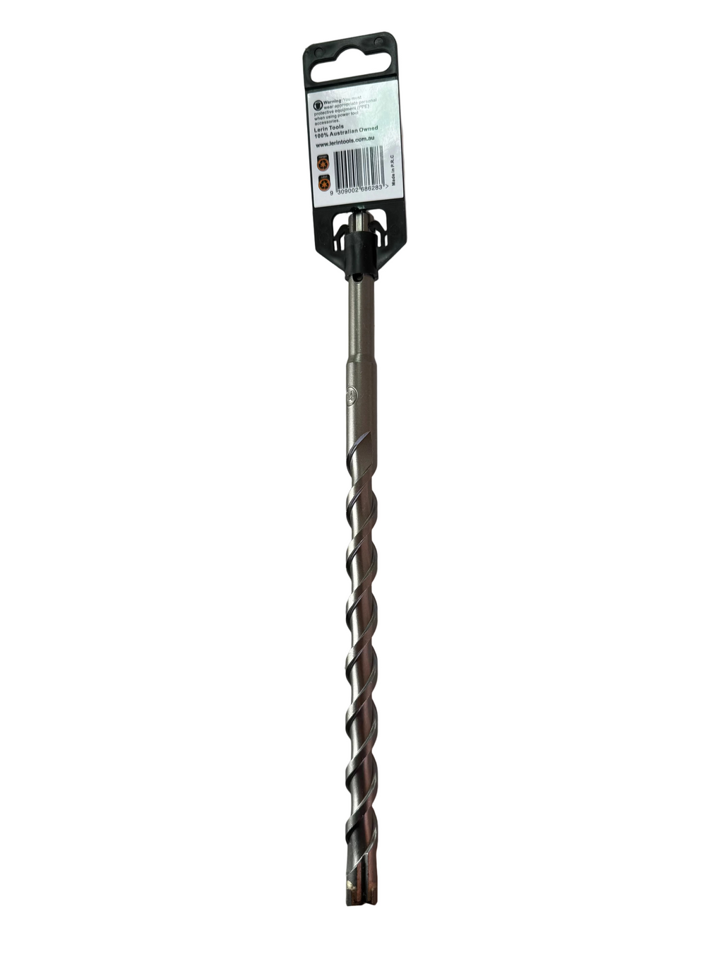 A long metal drill bit with a black plastic and cardboard retail header card, photographed on a light beige tabletop.