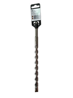 A long metal drill bit with a black plastic and cardboard retail header card, photographed on a light beige tabletop.