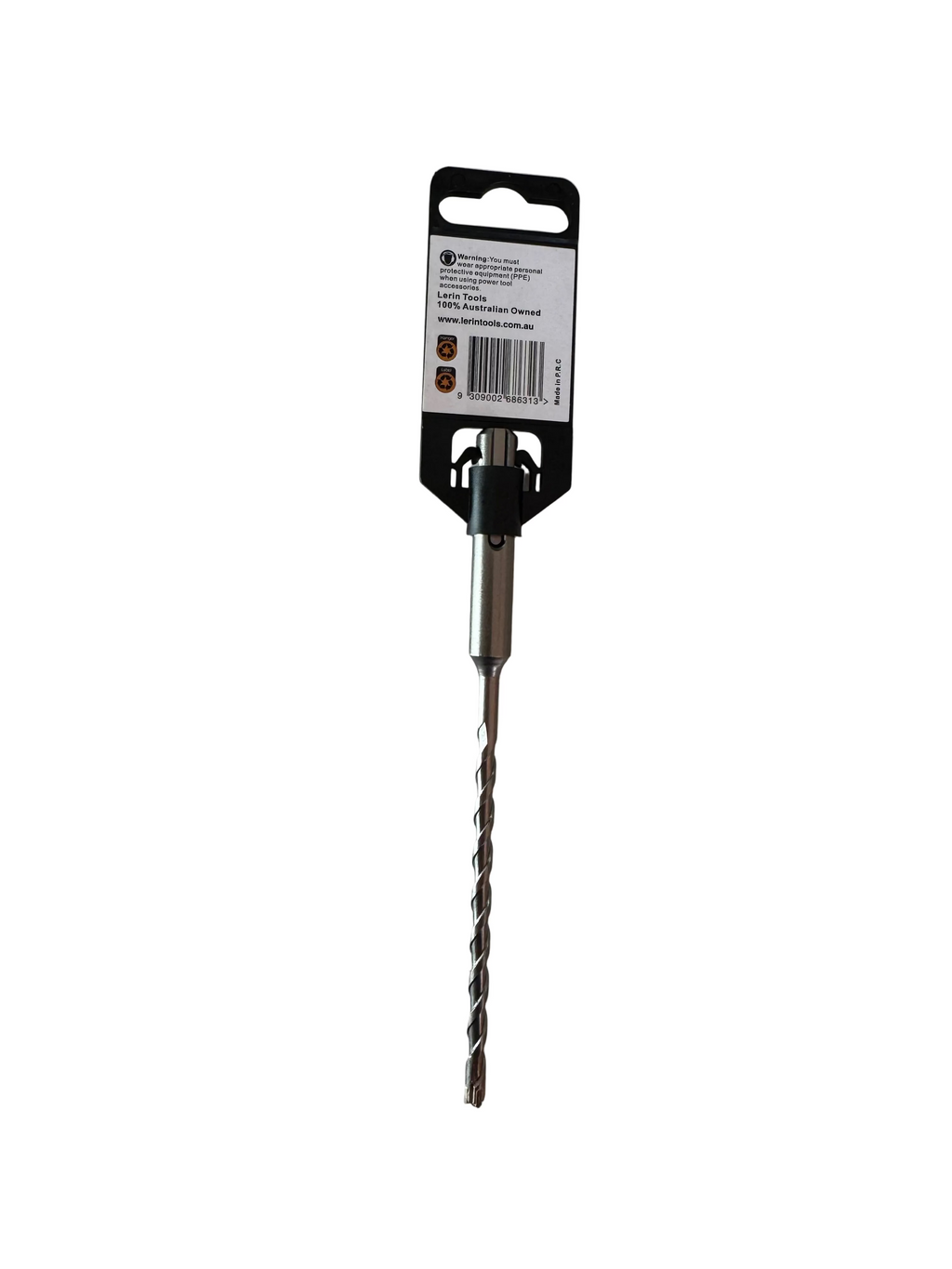 A metal auger drill bit with a black plastic and cardboard retail hanger, placed on a light gray surface.