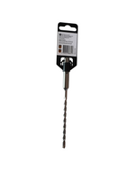 A metal auger drill bit with a black plastic and cardboard retail hanger, placed on a light gray surface.