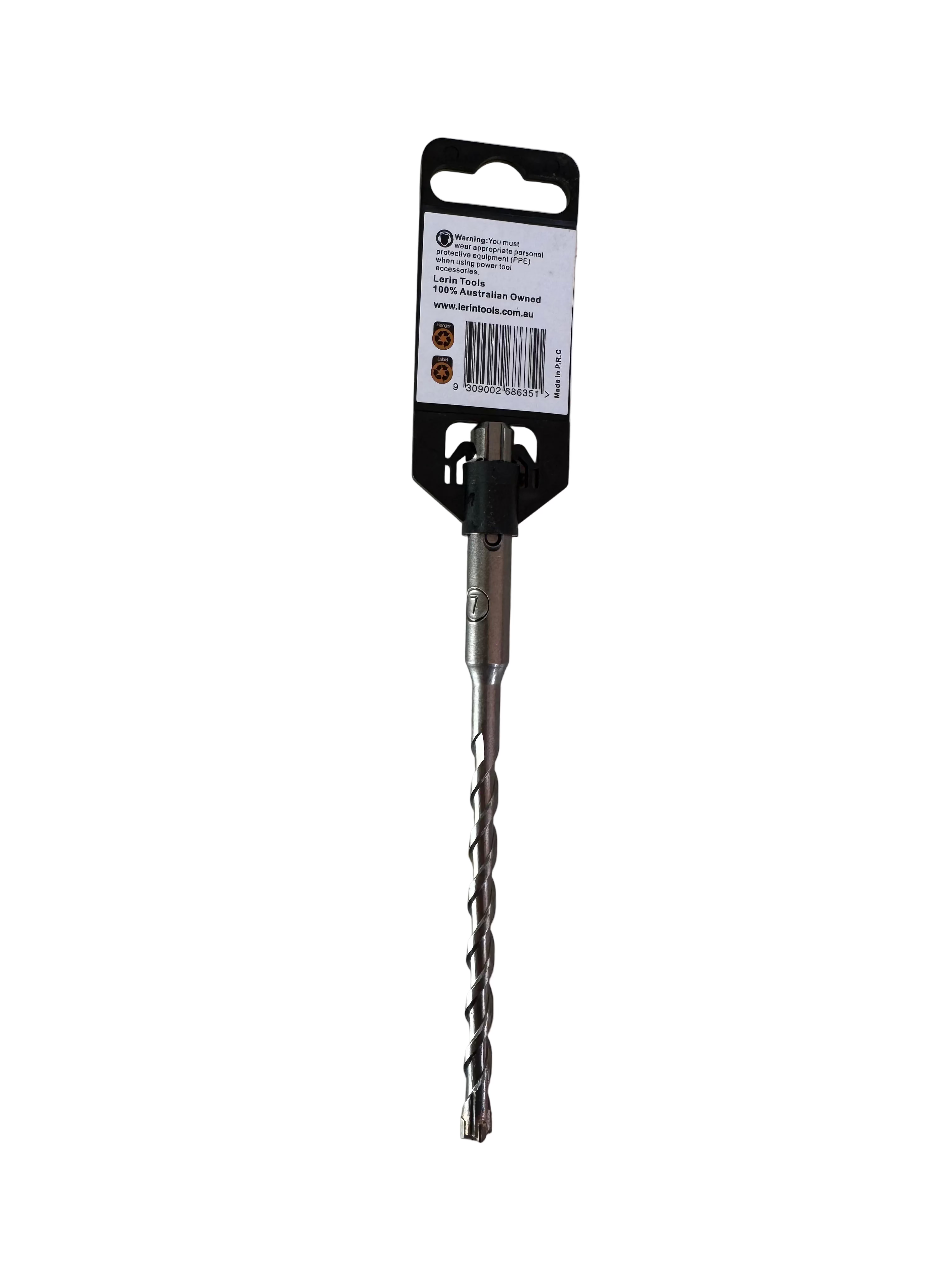 A metal drill bit with a black plastic and cardboard retail hanger, photographed on a light gray surface.