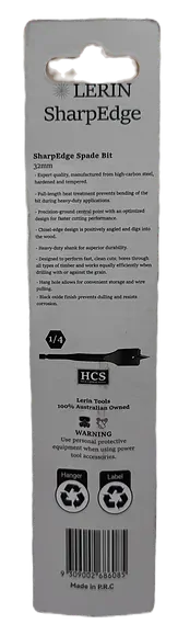 SharpEdge branding and 32mm size marking on Lerin Tools spade bit

